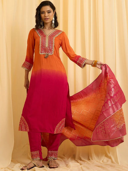 Dhiyona CH Floral Embroidered V-Neck Straight Sequinned Kurta With Trousers & Dupatta