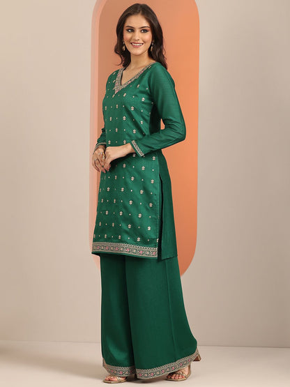Dhiyona LL Floral Embroidered V-Neck Thread Work Straight Kurta With Palazzos & Dupatta