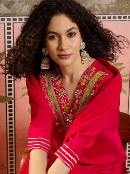 Embroidered Silk Blend V-Neck Kurta & Trousers Kurta Set