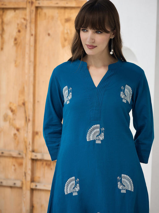 Dhiyona IE Floral Embroidered Pure Cotton Mandarin Collar Tunic With Trousers