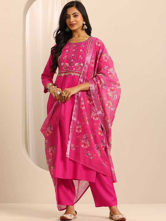 Floral Yoke Design Thread Work Straight Kurta With Trousers & Dupatta