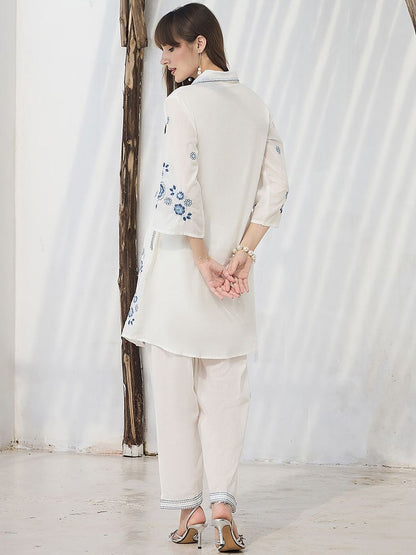 Floral Embroidered Thread Work Pure Cotton Kurta With Trousers