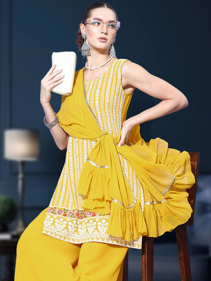 Dhiyona SN Floral Embroidered Sequinned Work Georgette Straight Kurta With Palazzo & Dupatta