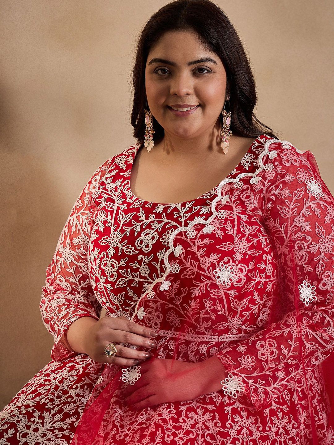 Dhiyona IN Floral Embroidered Thread Work Anarkali Net Kurta with Trousers & Dupatta