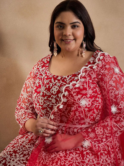 Dhiyona IN Floral Embroidered Thread Work Anarkali Net Kurta with Trousers & Dupatta