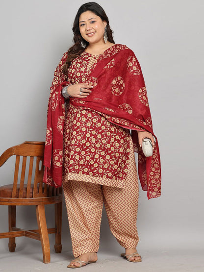 Dhiyona KL Floral Printed V-Neck Straight Kurta With Salwar & Dupatta