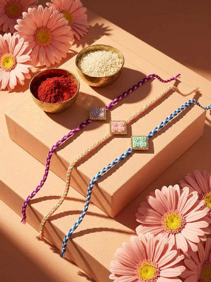 Dhiyona Set Of 3 Multicolor Ad Thread Rakhi With Roli Chawal Chandan Mishri