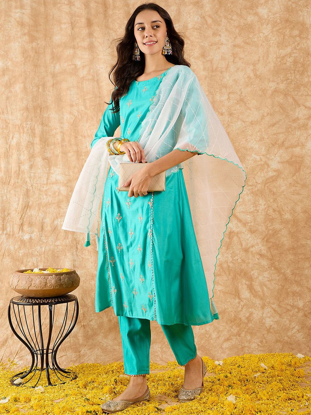Dhiyona IE Ethnic Motifs Embroidered A-Line Sequinned Liva Kurta with Trousers & Dupatta