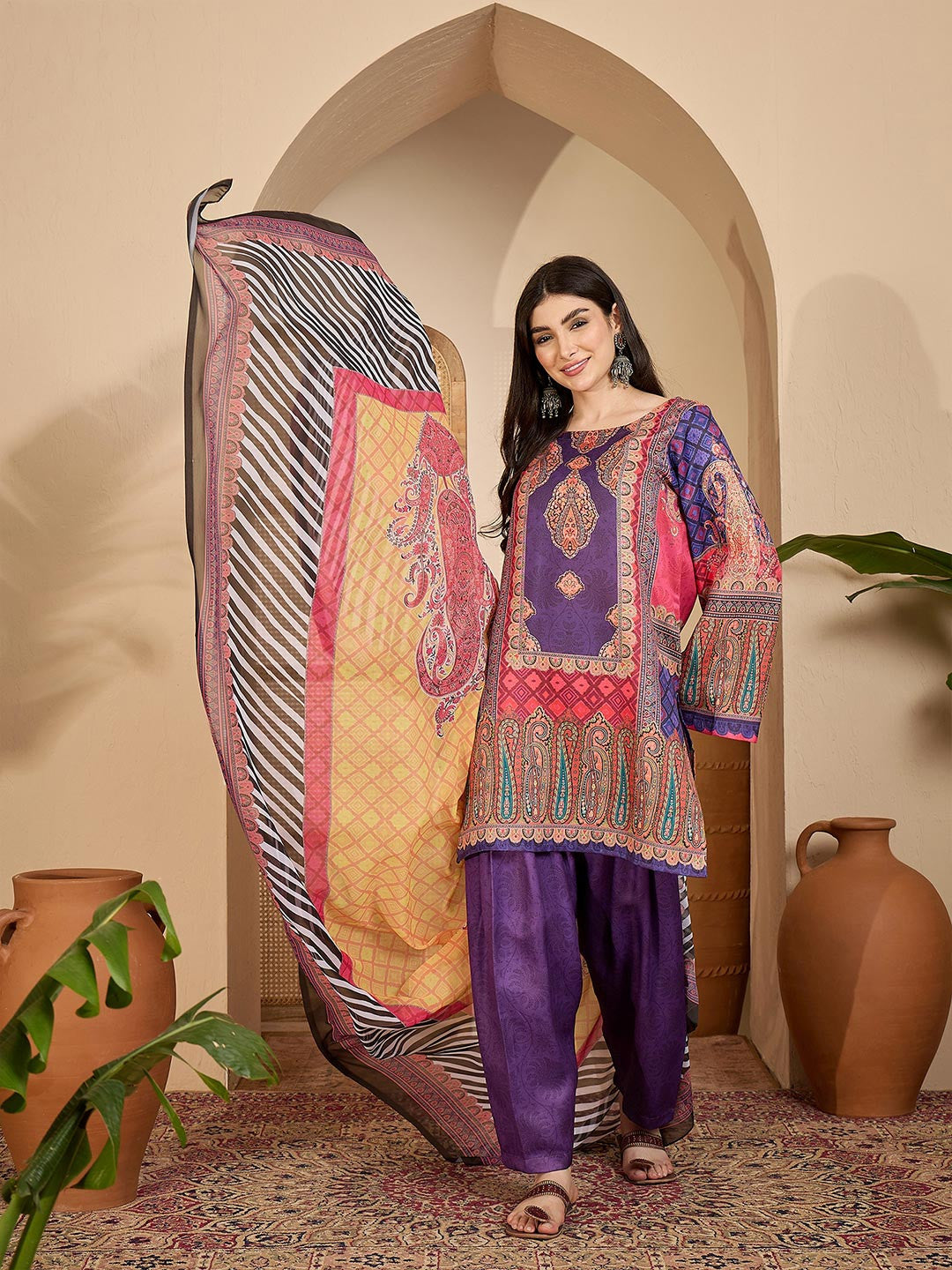 Printed Wool Round Neck Kurta & Trousers with Dupatta set