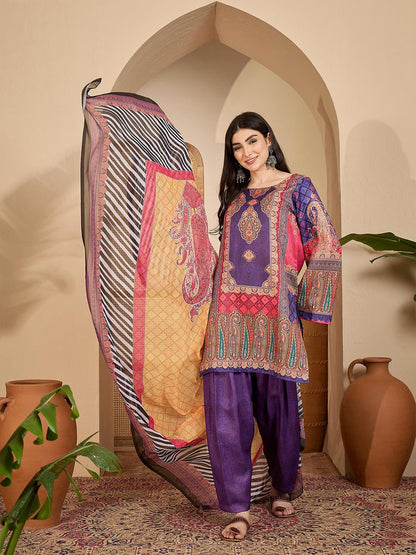 Printed Wool Round Neck Kurta & Trousers with Dupatta set