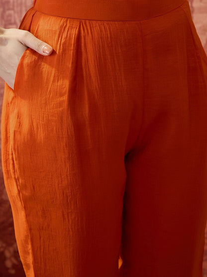Embroidered Round Neck Kurta & Trousers With Dupatta
