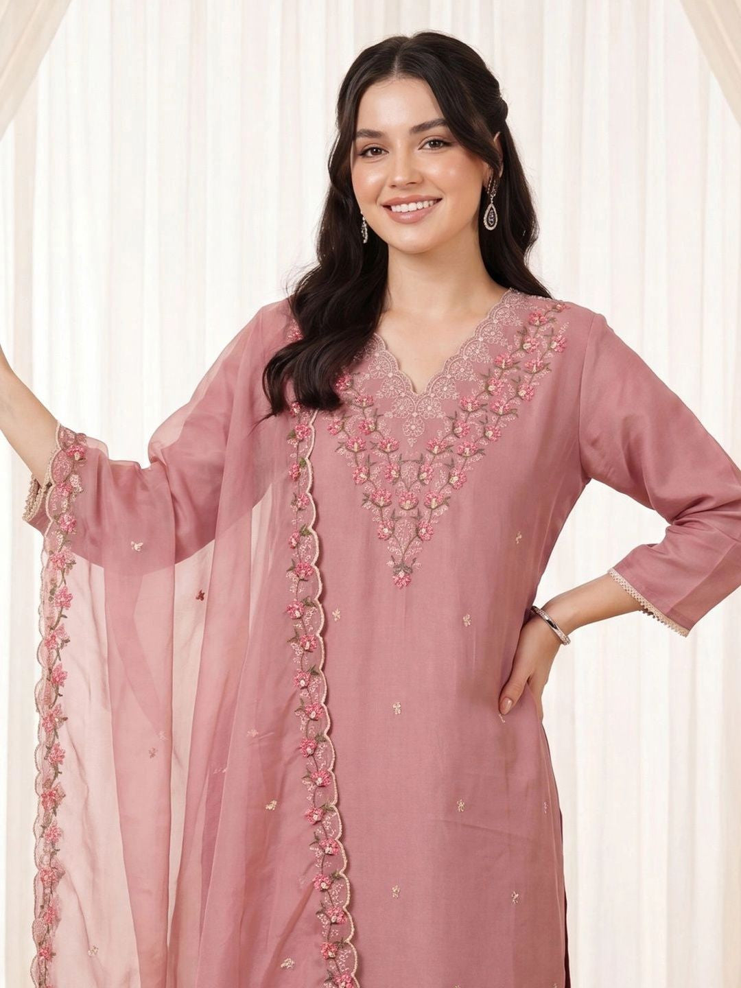 Women Ethnic Motifs Embroidered Regular Thread Work Kurta with Trousers & With Dupatta