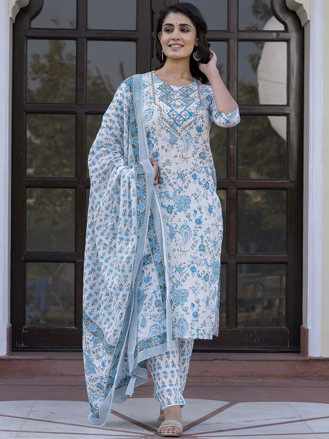 Dhiyona KL Paisley Printed Mirror Work Straight Pure Cotton Kurta With Trousers & Dupatta