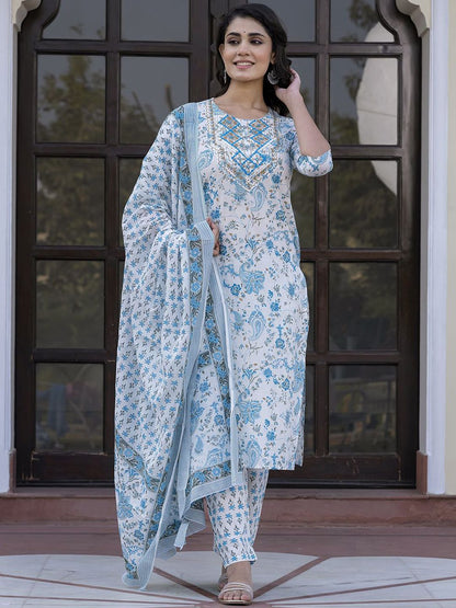 Dhiyona KL Paisley Printed Mirror Work Straight Pure Cotton Kurta With Trousers & Dupatta