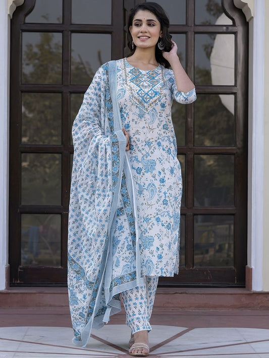 Dhiyona KL Paisley Printed Mirror Work Straight Pure Cotton Kurta With Trousers & Dupatta