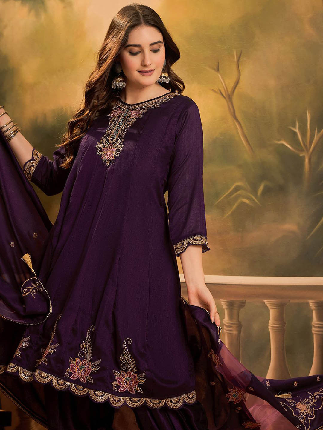 Zari & Sequin Embroidered A-Line Kurta & Salwar With Dupatta