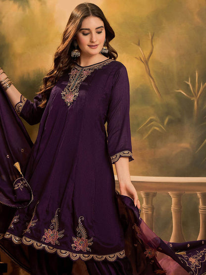 Zari & Sequin Embroidered A-Line Kurta & Salwar With Dupatta