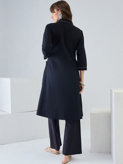 Women Regular Thread Work Pure Cotton Kurta with Trousers