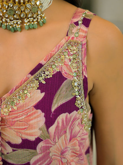 Dhiyona HOP Floral Printed Beads & Stones Milano Chiffon Kurta With Sharara & Dupatta