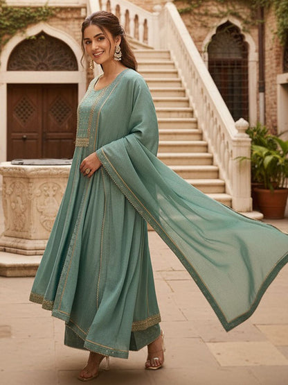 Dhiyona KL Ethnic Motifs Embroidered Panelled Kurta with Palazzos & With Dupatta