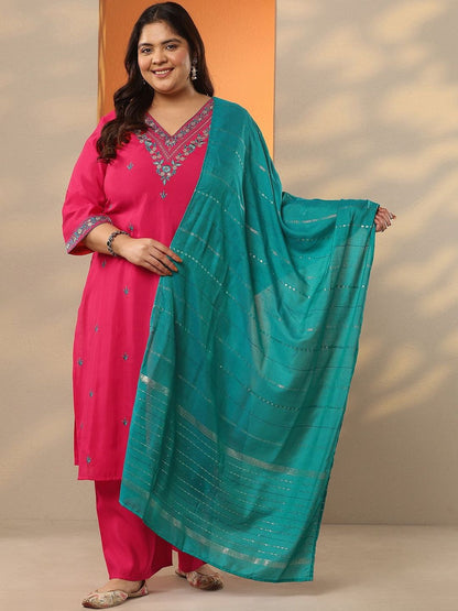 Dhiyona Women's Plus Size Embroidered V-Neck Straight Kurta With Trousers & Dupatta