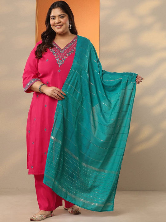 Dhiyona Women's Plus Size Embroidered V-Neck Straight Kurta With Trousers & Dupatta