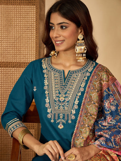 Women Silk Blend Embroidered Kurta Sets With Dupatta
