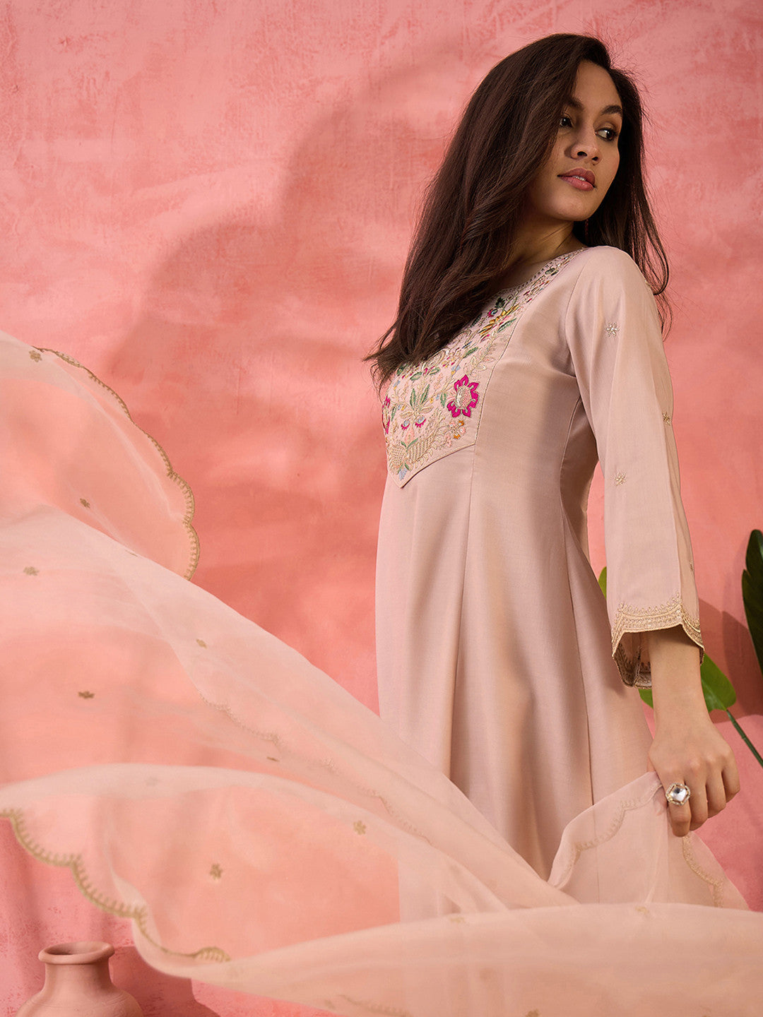 Beige Floral Yoke Design Notch Neck A-Line Kurta With Trousers And Dupatta
