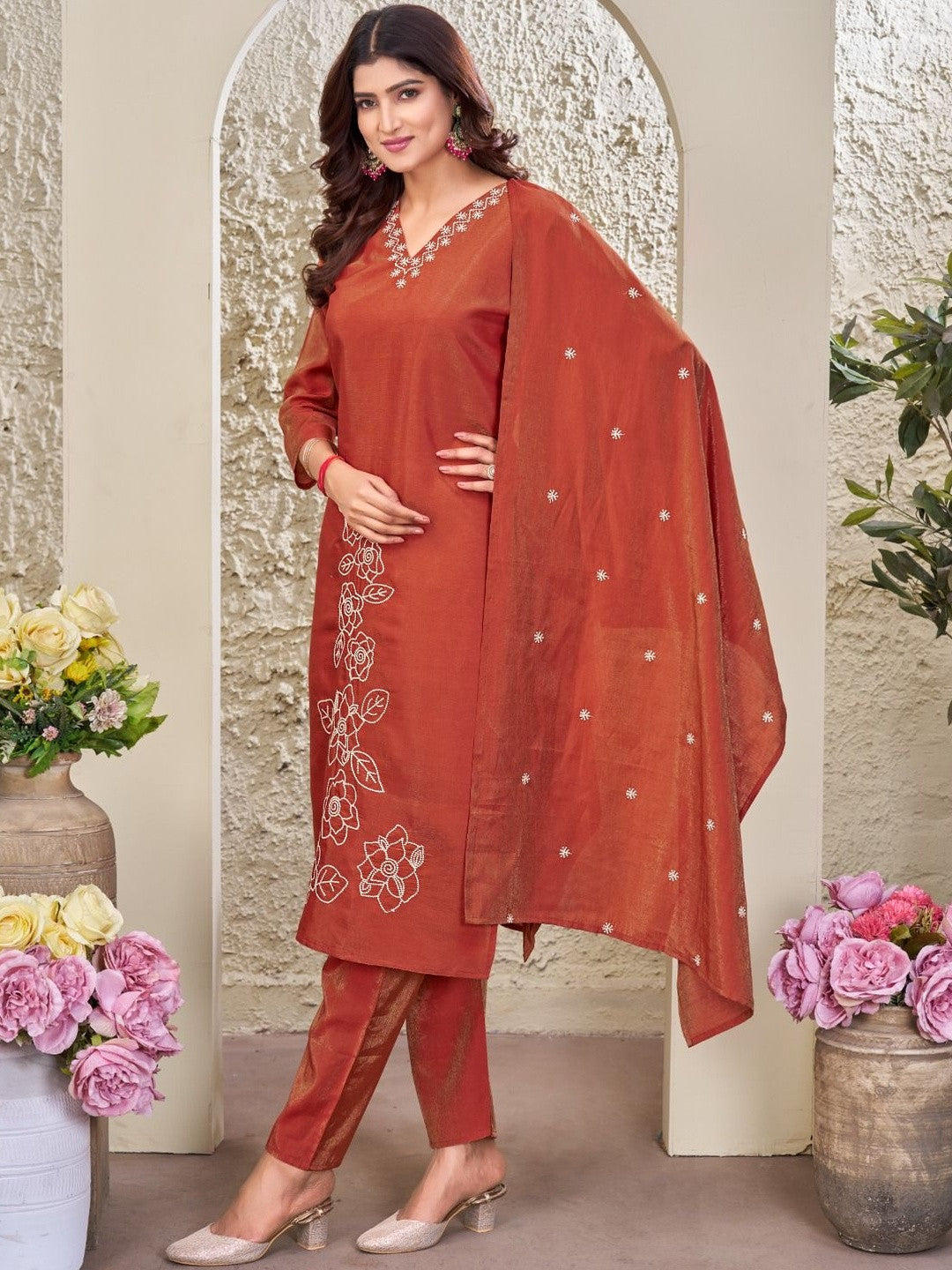 Embroidered V-Neck Kurti & Trousers With Dupatta