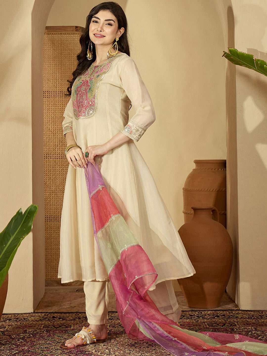 Women Ethnic Motifs Embroidered Round Neck Sequinned Kurta Trouser With Dupatta