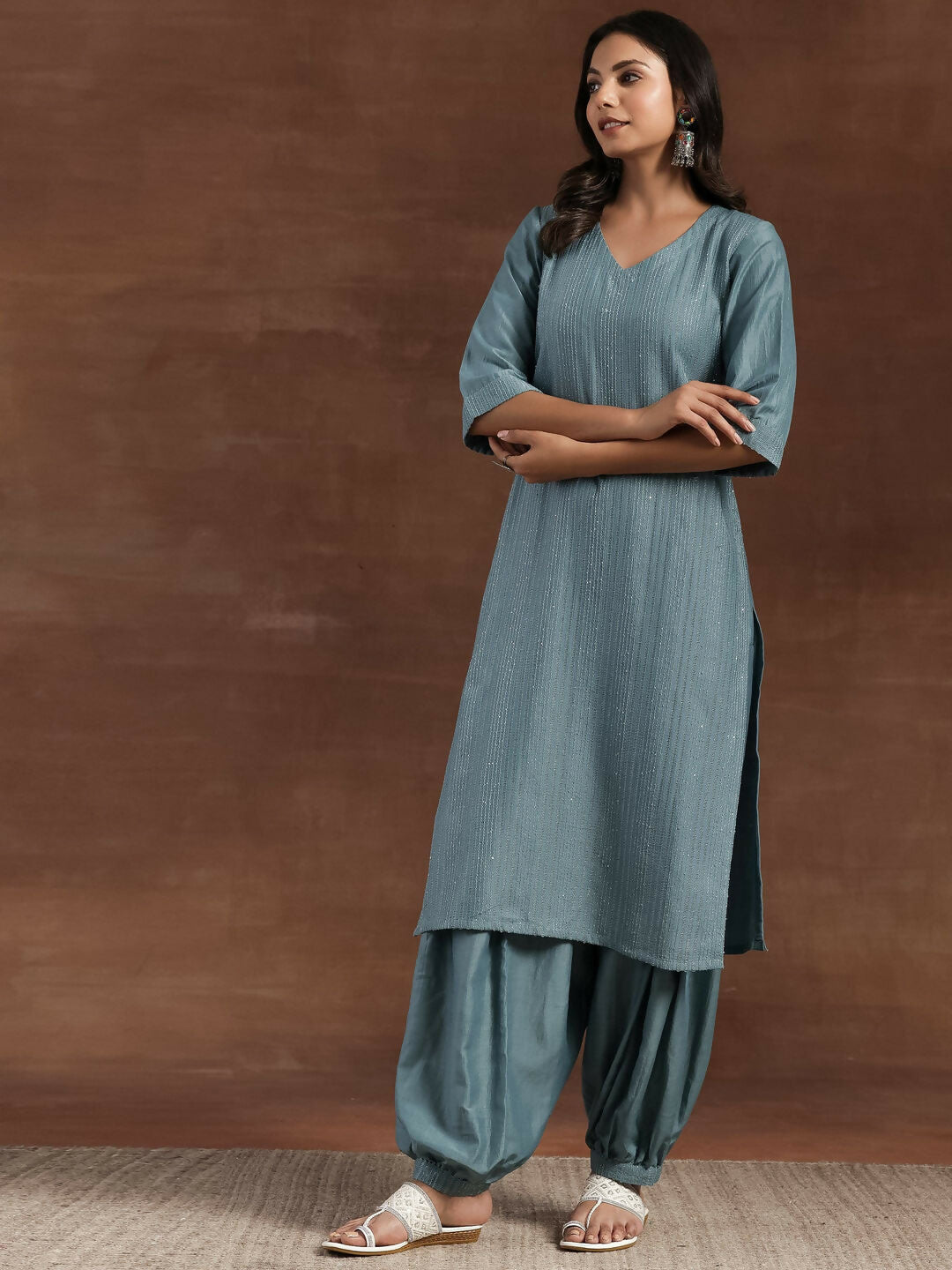 Women's LB Grey Self Design Silk Blend Straight Suit With Dupatta