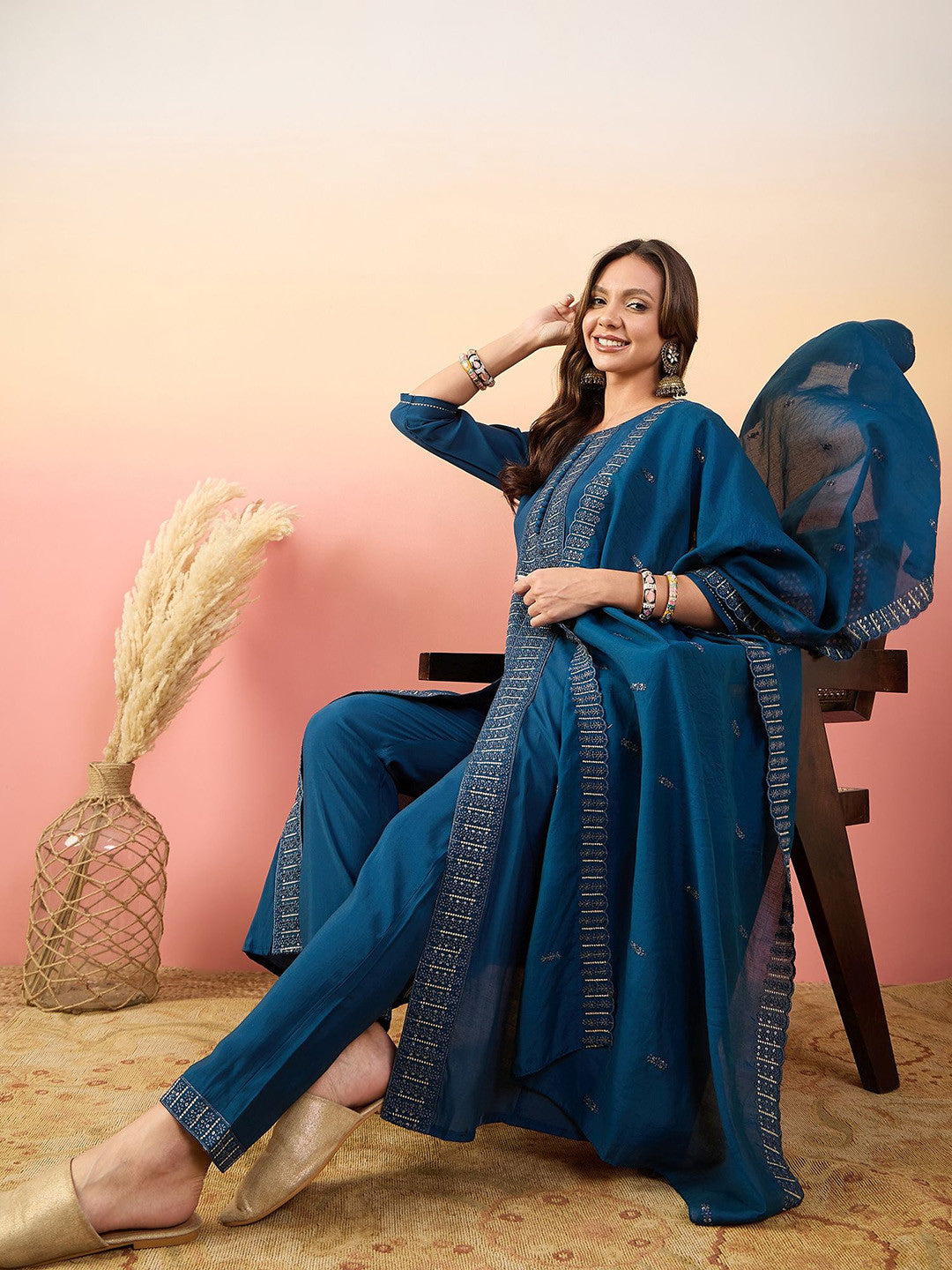 Embroidered A-Line Kurta Set With Dupatta