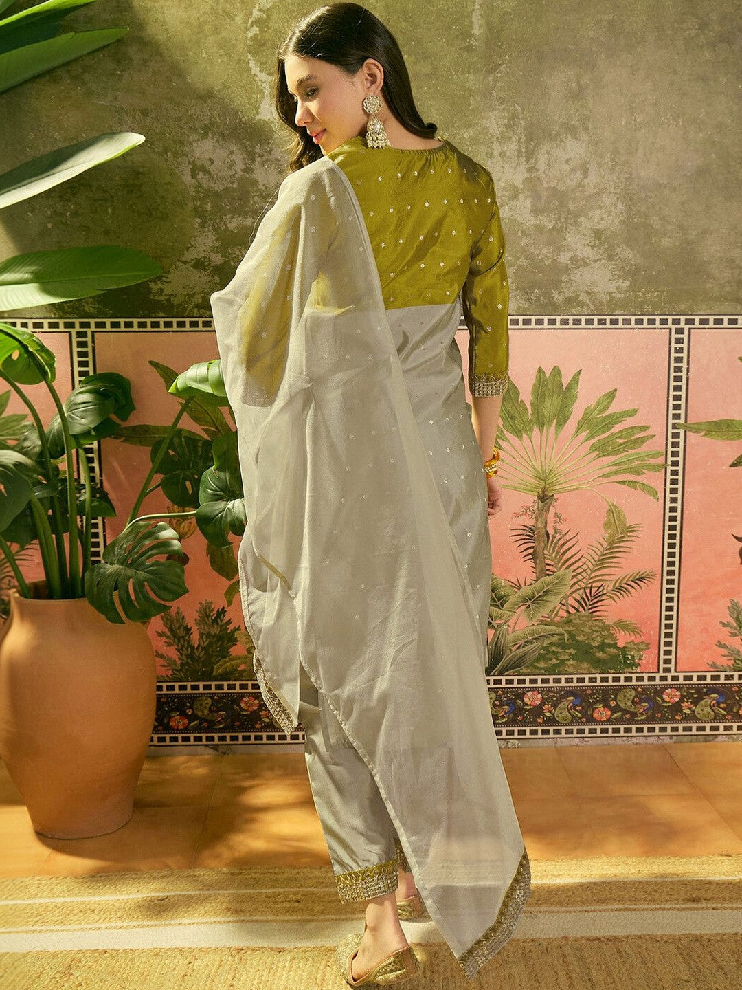 Embroidered Round Neck Kurta & Trousers with Dupatta