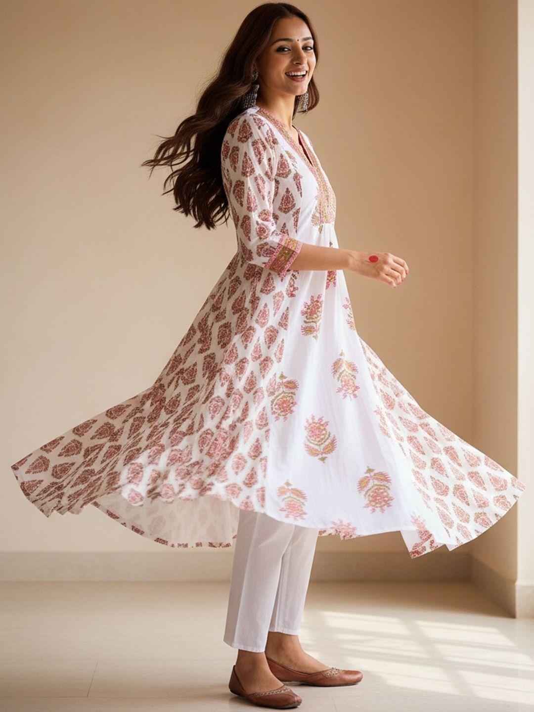 Ethnic Motifs Printed Anarkali Pure Cotton Kurta With Trouser