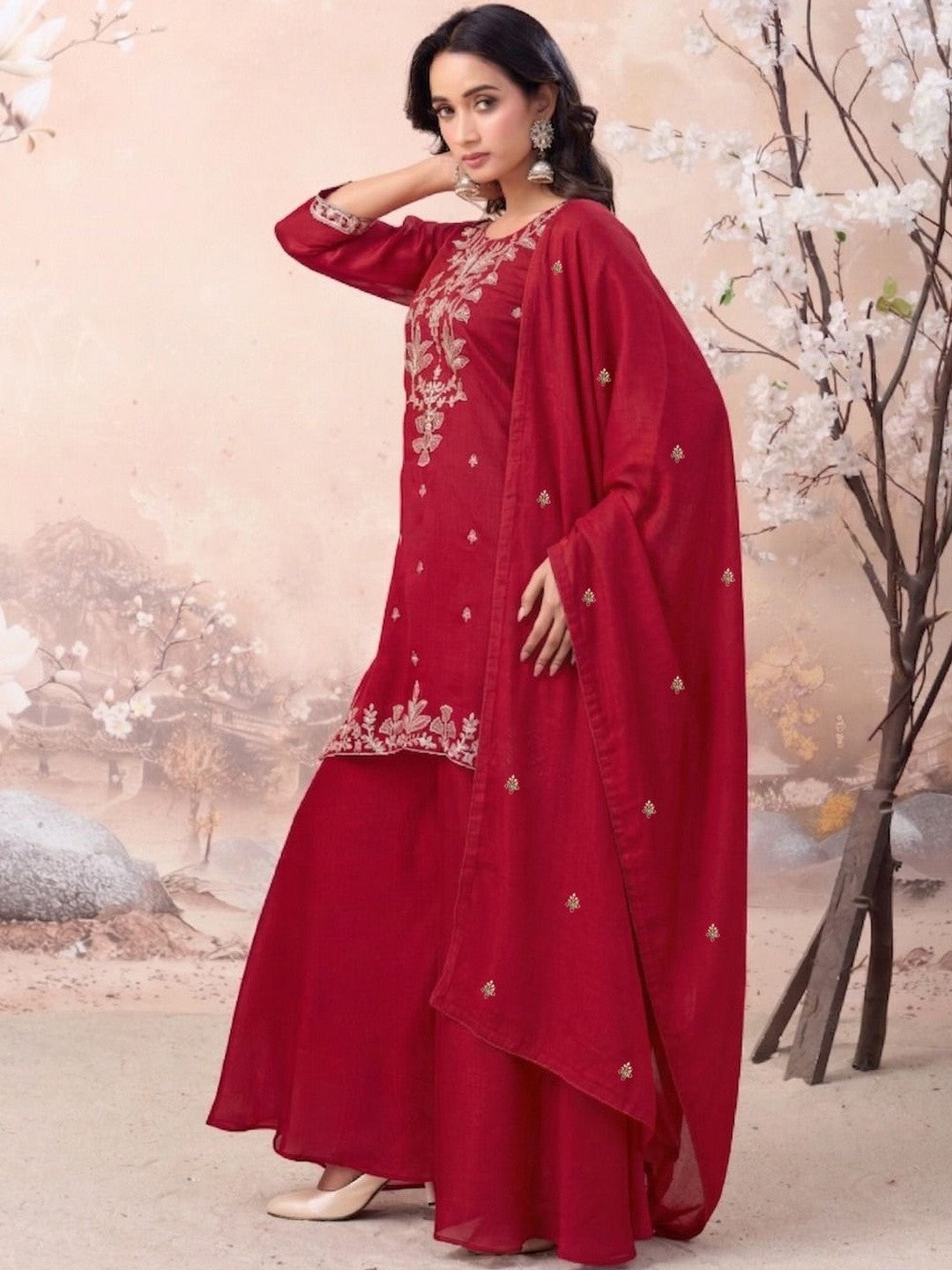 Embroidered Silk Blend Round Neck Kurti & Sharara With Dupatta