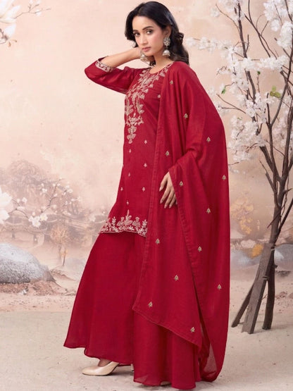 Embroidered Silk Blend Round Neck Kurti & Sharara With Dupatta