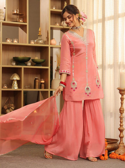 Dhiyona SC Ethnic Motifs Embroidered Thread Work Shimmer Tissue Kurti With Sharara Dupatta