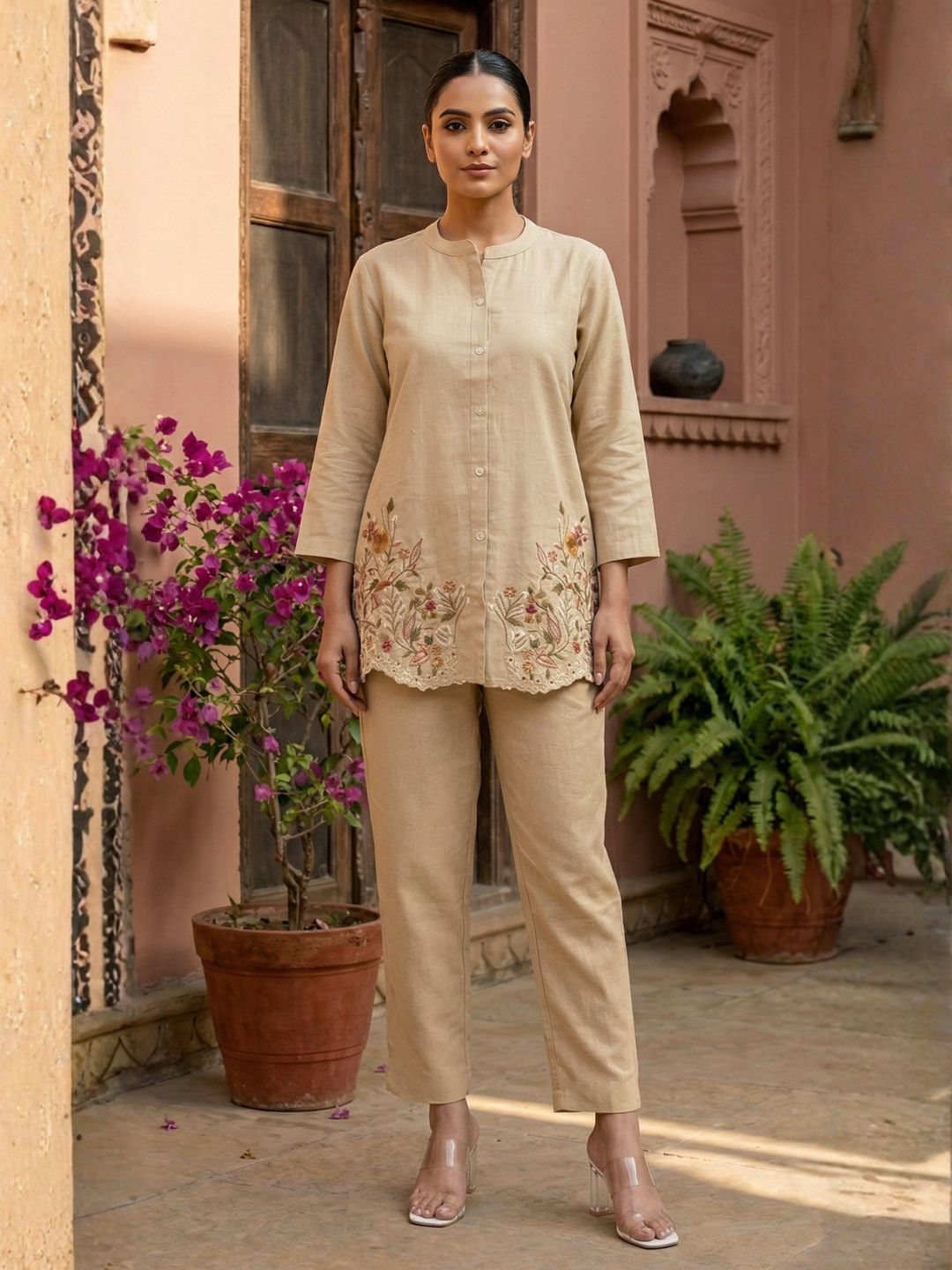 Viyona tan embroidery cotton co-ord set
