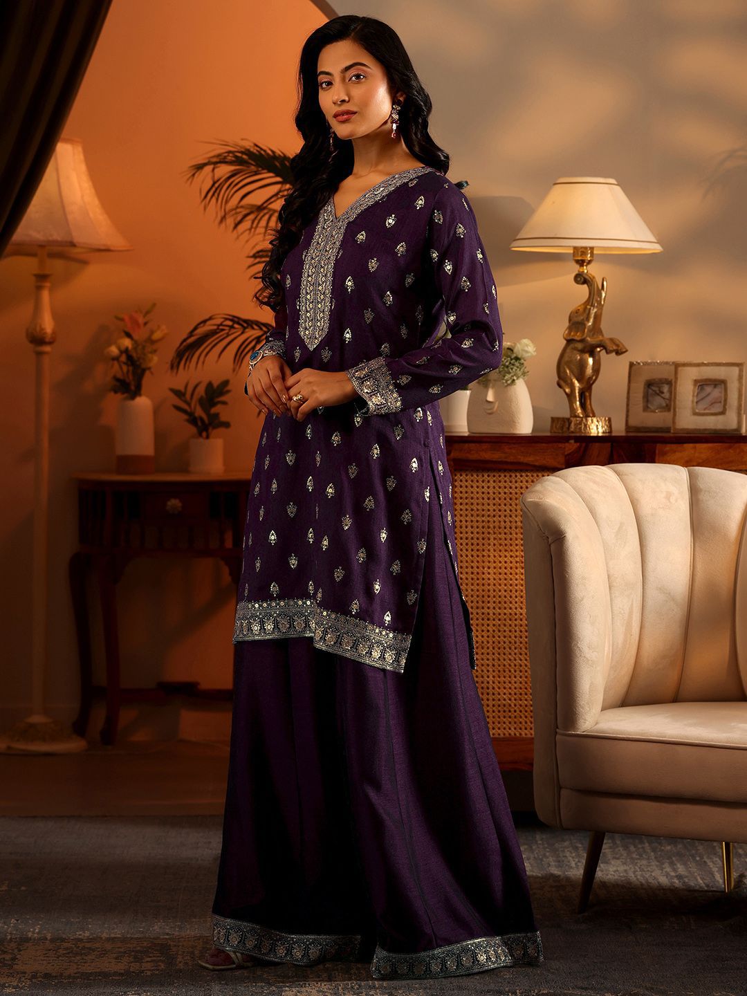 Dhiyona LL Ethnic Motifs Embroidered Sequnnied Straight Kurta With Sharara & Dupatta