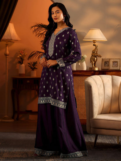 Dhiyona LL Ethnic Motifs Embroidered Sequnnied Straight Kurta With Sharara & Dupatta