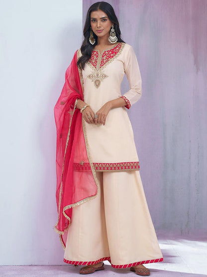 Dhiyona CH Women Floral Embroidered Sequinned Kurta with Palazzos & Dupatta