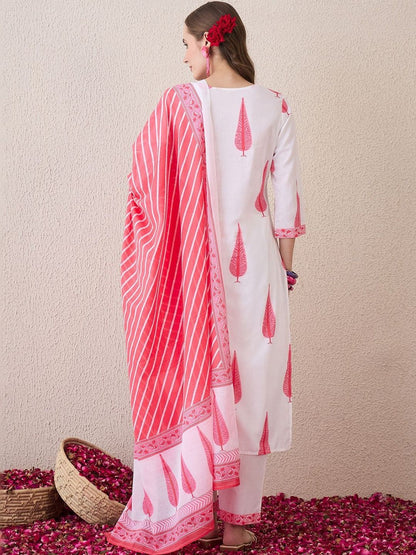 Women Ethnic Motifs Printed Regular Thread Work Pure Cotton Kurta with Trousers & With Dupatta