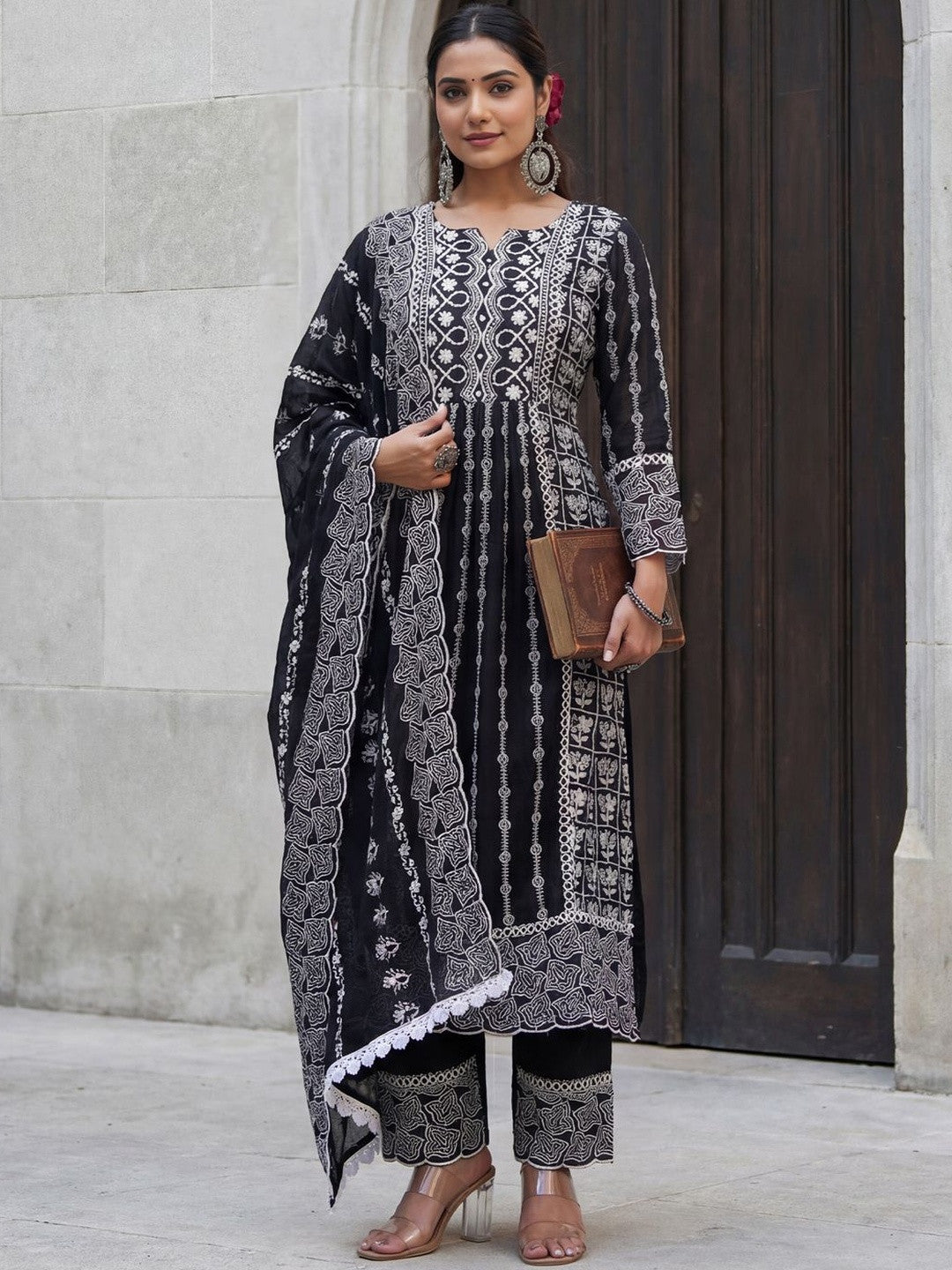 Women Ethnic Motifs Embroidered Panelled Thread Work Pure Cotton Kurta with Trousers & With Dupatta
