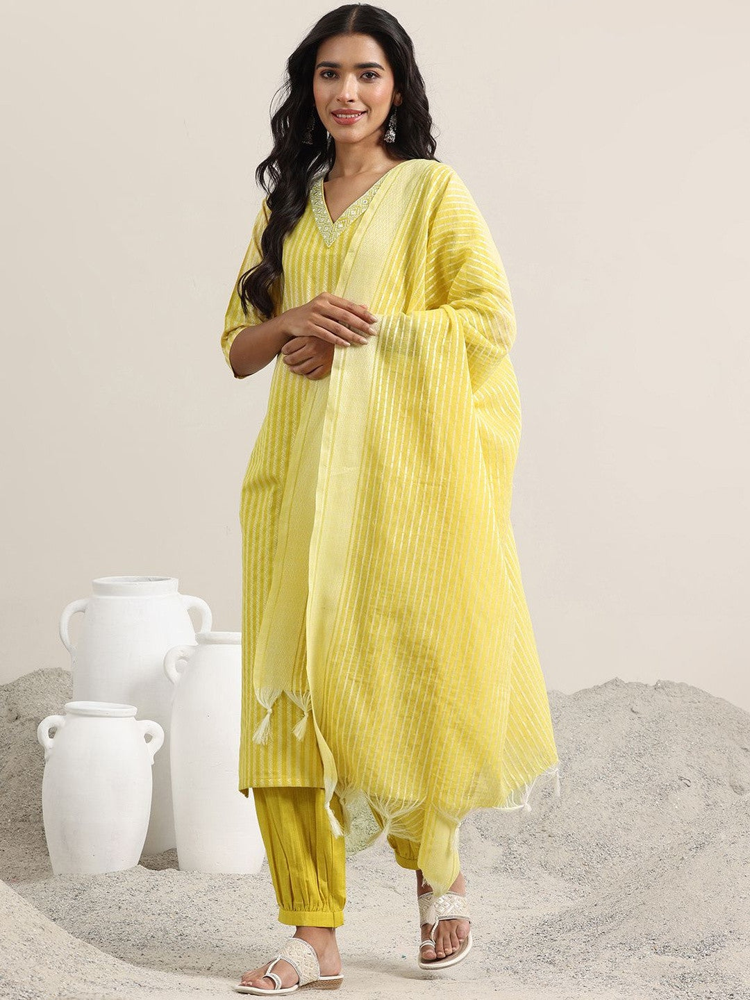 Striped Straight Kurta With Harem Pants & Dupatta
