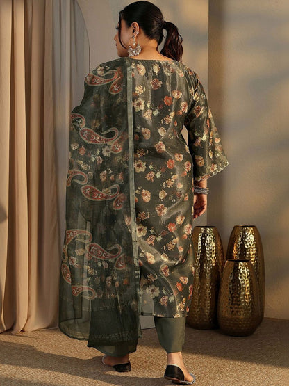 Dhiyona Women's Plus Size Floral Printed Kurta with Trousers & With Dupatta