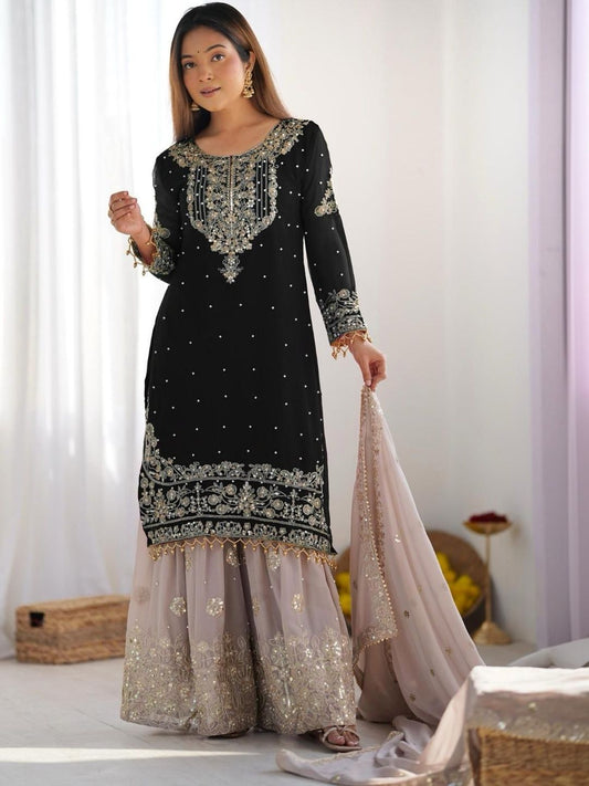Dhiyona KL Women Ethnic Motifs Embroidered Regular Sequinned Kurta with Sharara & With Dupatta