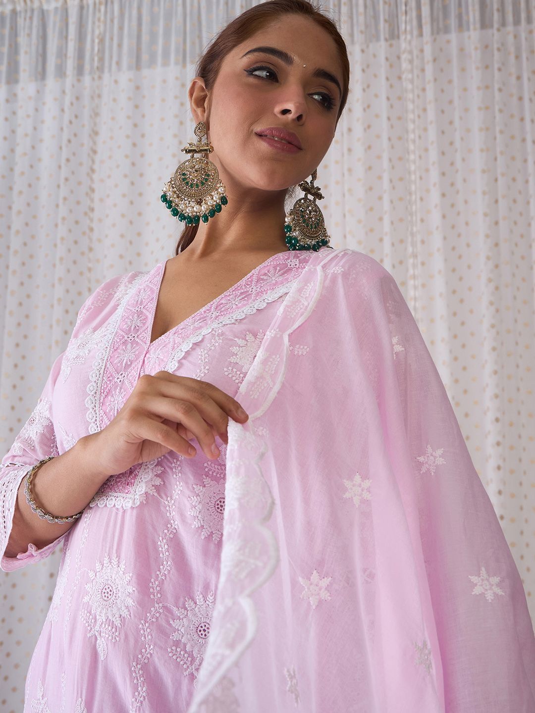 Women Ethnic Motifs Embroidered Regular Chikankari Pure Cotton Kurta with Trousers & With Dupatta