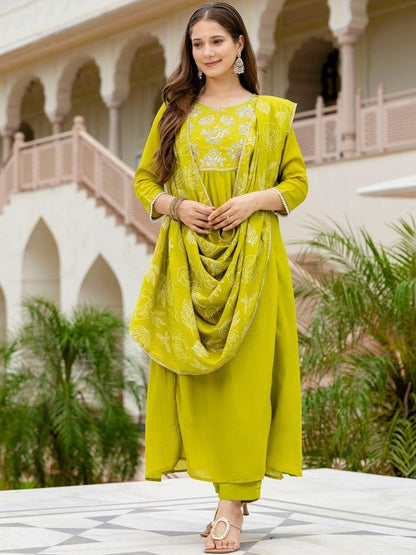 Dhiyona KL Floral Embroidered Empire Sequinned A-Line Kurta With Trousers & Dupatta