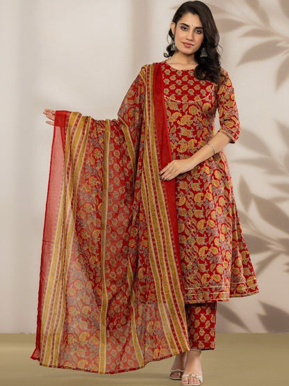 Women Floral Printed Regular Pure Cotton Kurta with Trousers & With Dupatta