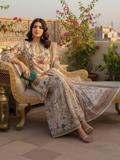 Dhiyona AN Floral Printed Keyhole Neck Straight Kurta With Sharara & Dupatta